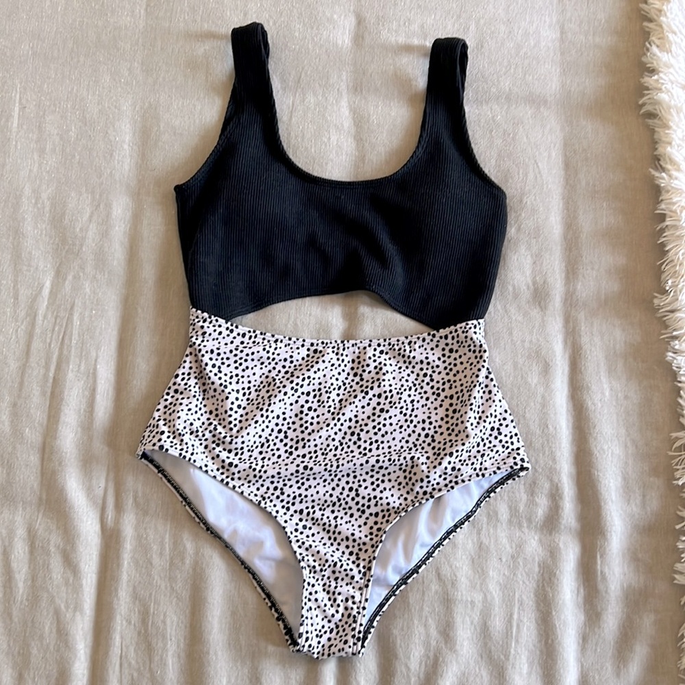MakeMeChic Black & Dalmatian Print Cut Out High Waist One Piece
